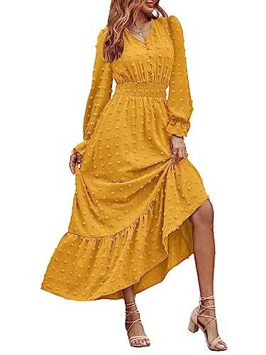 MASCOMODA Women Boho Maxi Dress 2023 Long Sleeve V Neck Swiss Dot Smocked High Waisted A-Line Ruffle Tiered Fall Long Dress