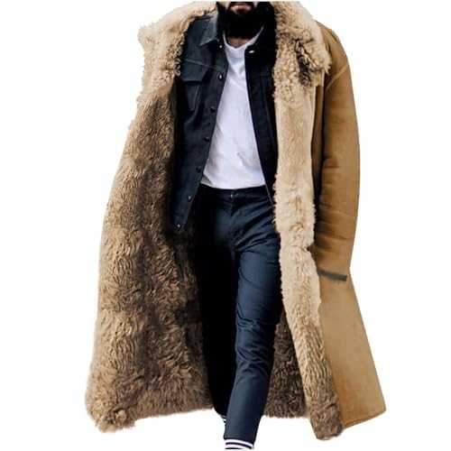 RLEHJN Mens Winter Coat Long Faux Fur Sherpa Fleece Lined Jacket Longling Fluffy Trench Coat Single Breasted Warm Casual Overcoat Turn-Down Collar Thick Thermal Outwear with Pockets S-5XL