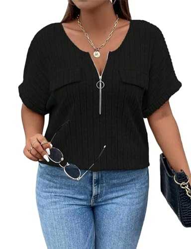 Gemulate Plus Size Tops for Women V Neck Zipper Plus Size Ladies Tops Ribbed Short Sleeve Tunic Tops Loose Casual Lightweight T Shirt Blouses XL-5XL