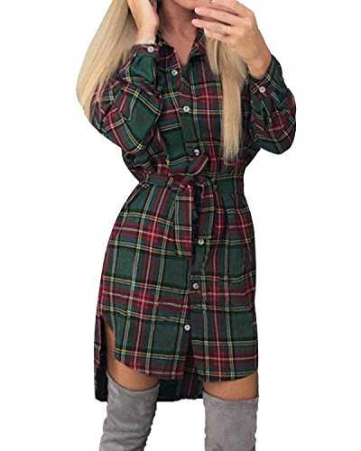 Style Dome StyleDome Women's Long Sleeve Tartan Check Plaid Long Tops Shirt Dress, A-Green, 18