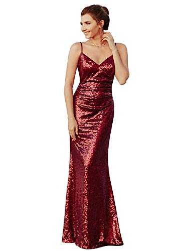 Ever-Pretty Women's Sexy Spaghetti Straps A Line Floor Length Sequins Long Cocktail Evening Dresses Burgundy 16UK