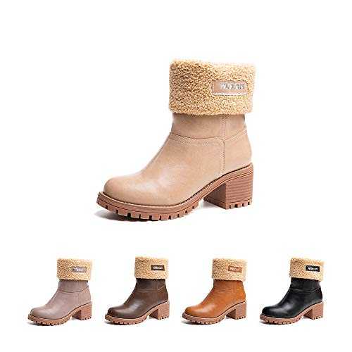 Hitmars Womens Winter Boots Ladies Fur Lined Mid Calf Boots Flat Suede Warm Leather Snow Boots Comfort Slip On Black Brown Grey Khaki Size 3-9 UK