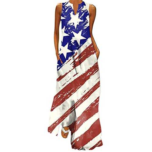 Long Dress for Women Independence Day For Women Casual Plus Size V Neck Dress Sleeveless Daily Fashion American 4 Of July Print Maxi Neck Vintage Bohemian Women's Dress Sexy Summer Dresses for Women