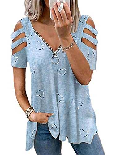 Colisha Womens Cold Shoulder Blouse Tops Ladies Short Sleeve Loose Zip V Neck T Shirts Casual Print Tunic Hollow Out Shoulder Tee Shirt