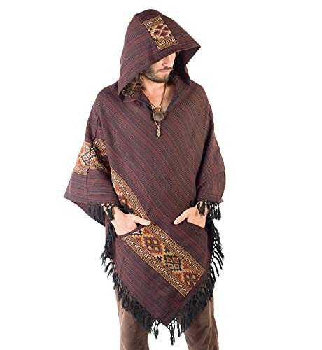 Mens Red Crimson Yak Wool Poncho with Large Hood Handmade Primitive Gypsy Festival Mexican Tribal Embroidered Alternative