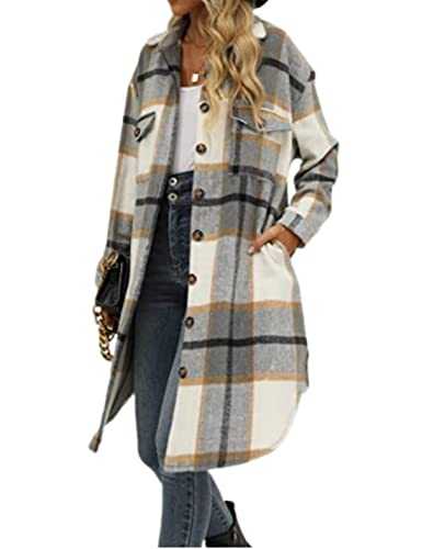 Kwoki Women's Casual Plaid Long Jacket Coat Loose Fit Button Down Lapel Long Trench Shirt Shacket