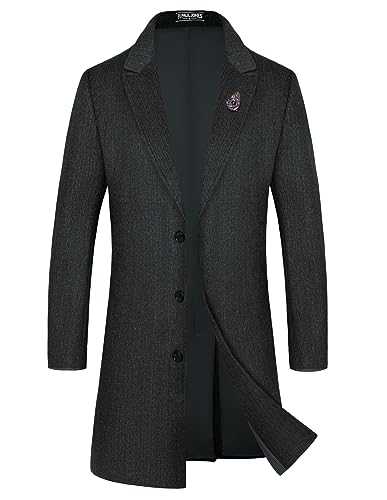 PJ PAUL JONES Men's Herringbone Wool Blend Long Overcoat Pea Coat with Brooch