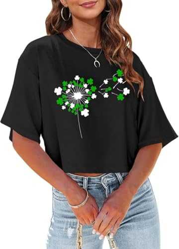 Womens Shamrock Crops Tops St Patricks Day Lucky Clover Heart Drop Shoulder Half Sleeve Cropped Shirt Irish Girls Crop Tops