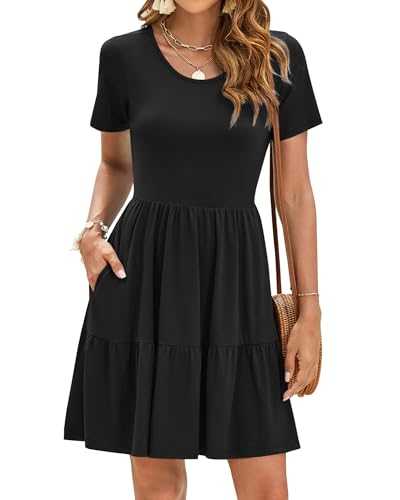 AUSELILY Women's Summer Dress Ruffle Hem Beach Dress Short Sleeve Casual T-Shirt Dresses with Pockets