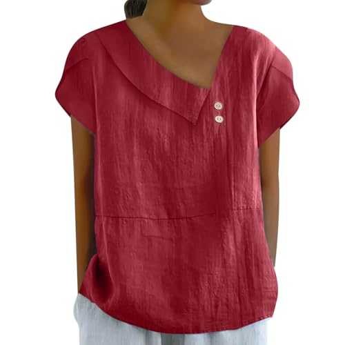 NSICBMNO Women's Summer Tops Oversized T Shirts Cotton Linen Tunic Tops V Neck Tshirts Basic Top Short Sleeve Shirts Button Blouse Baggy Tshirts Loose Blouses for Holiday Beach Loungewear