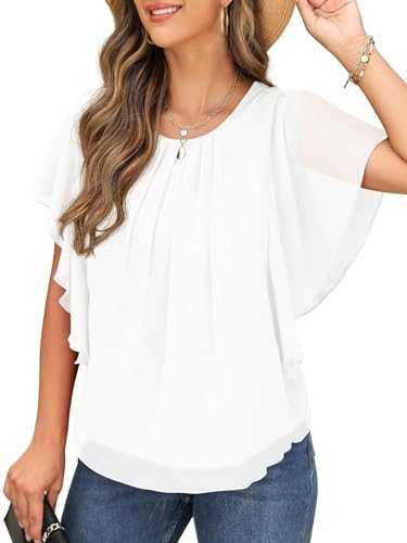 QIXING Womens Summer Blouses Casual Ruffle Sleeve Loose Round Neck Chiffon Flowy Ladies Tops Tunic for Women UK