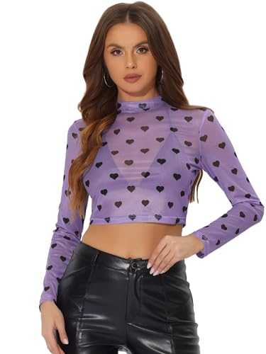 Allegra K Women's Semi-Sheer Sexy Blouse Heart Print Crop Tops Halloween Party Mesh Top