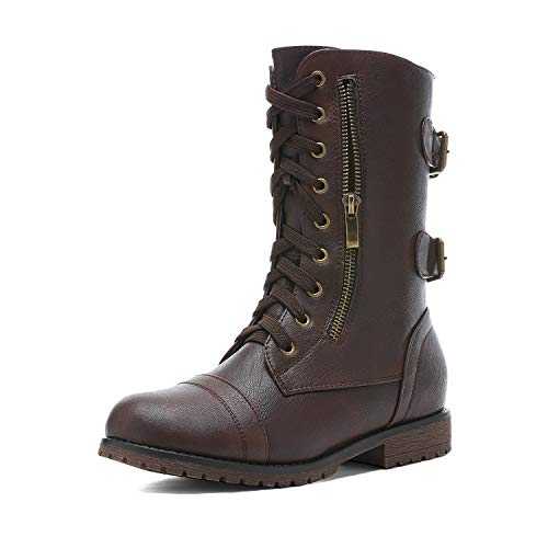 DREAM PAIRS Womens Winter Combat Boots Lace up Comfortable and Fashionable Mid Calf Boots Ladies Biker Boots Faux Fur Lined Ankle Booties with Zipper