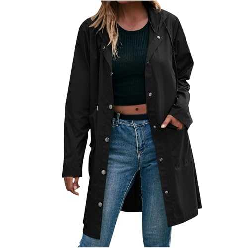 Waterproof Jackets Women Lightweight Raincoat Long Trench Coats with Pockets Hooded Ladies Outdoor Windproof Rain Coats Sports Cycling Running Windbreak Plus Size Casual Jacket