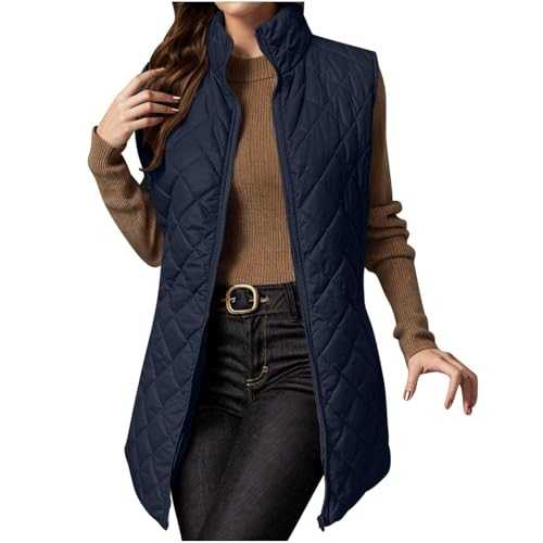 Mrat Fleece Gilets for Women Uk Cotton Long Body Warmer Puffer Jackets Ladies Padded Coat Longline Sleeveless Quilted Gilet Lightweight Zip Vest Casual Loose Coat Warm Winter Vest Outdoor Gilet Sale