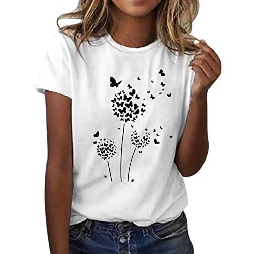 Women's Tunic Tops for Casual Flower Print Short Sleeve Crewneck T Shirt, Lightweight Tee, Tank Tops, Loose Fit, Round Neck, Plus Size, Long Length, Polyester, Spandex