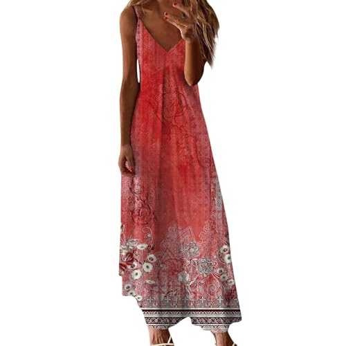 Womens Summer Maxi Dresses Strappy Boho Floral Dresses V Neck Casual Sleeveless Tank Dress Beach Cover Ups Bohemian Flowy Long Sundress for Ladies
