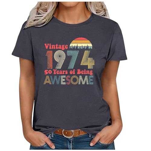Women 1974 T Shirt Retro Round Neck Short Sleevel Vintage T Shirts Festival Party Tops Funny Tees 1974 Letter Printed Tshirts 50th Birthday Gifts 1974 Birthday Gifts Idea Tops UK Size 8-18 Clearance