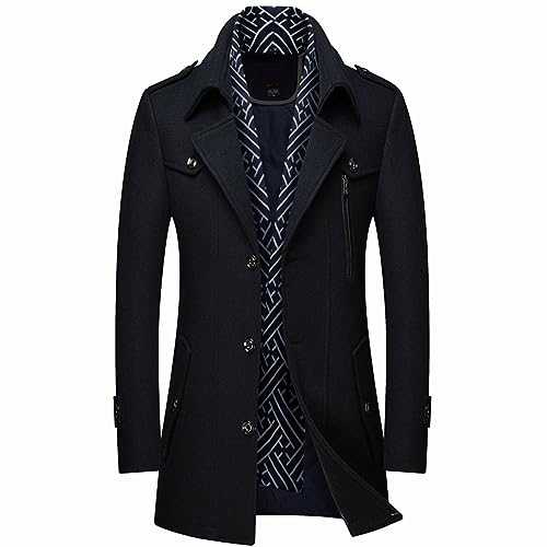 Lu's Chic Men's Wool Pea Coat Winter Slim Fit V Neck Turn Down Collar Warm Zip Business Casual Button Up Jackets & Coats