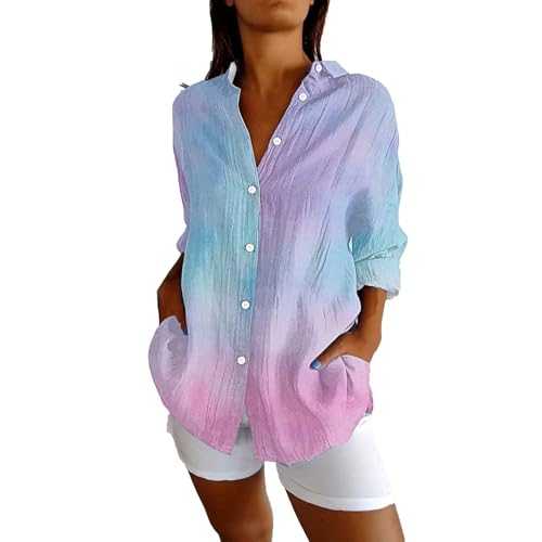 Summer Tops for Women Formal Womens Shirts Casual Long Sleeve Button Down Loose Trendy Gradient Print Womens Tops Plus Size Casual Blouse Satin Tops for Women UK