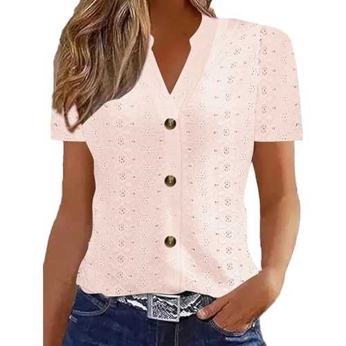 Eyelet Tops for Women Summer Short Sleeve V Neck Button Down Blouses Floral Hollow Shirts Elegant Party Dressy Tops Going Out Loose Basic Pullover Blouses Holiday Vacation