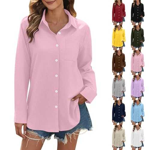 Nuaoxyeu Linen Shirt Women Button Up T Shirts Solid Color Plus Size Blouse Long Sleeve Lapel Neck Tee Shirts Casual Baggy Tunic Tops Oversized Longline Clothes Fashion Smart Tops