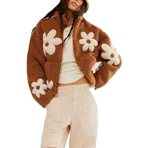 Fluffy Cardigan Women Flower Print Ribbed Teddy Jacket Open Front Daisy Fleece Coat Soft Casual Loose Sweater Ladies Sherpa Plush Coat Winter Thick Thermal Outwear Fur Fuzzy Comfy Overcoat