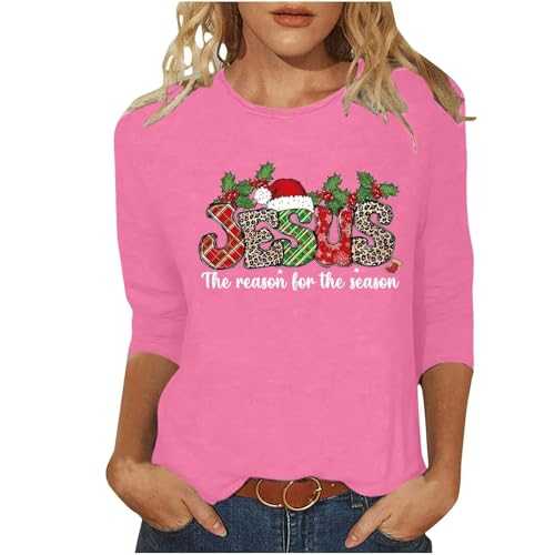 Christmas Shirts for Women Glitter Christmas Tree Graphic Sweatshirt 3/4 Sleeve Casual Pullover Crew Neck Wrap Top