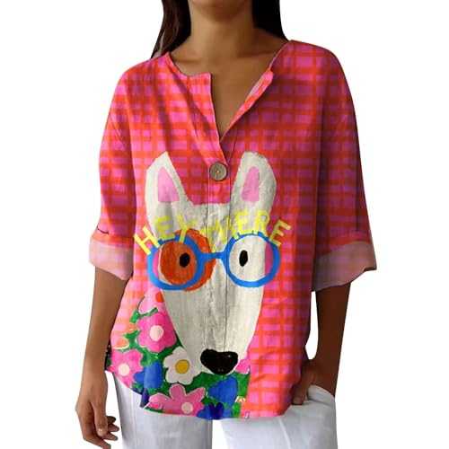 Hrjxfpt Ladies Linen Tops Long Lace Wedding Blouses Deals Womens Cotton Linen Tshirt Top Summer Casual Loose Fit Blouse Tunic Floral Print Button V Neck Short Sleeve Top