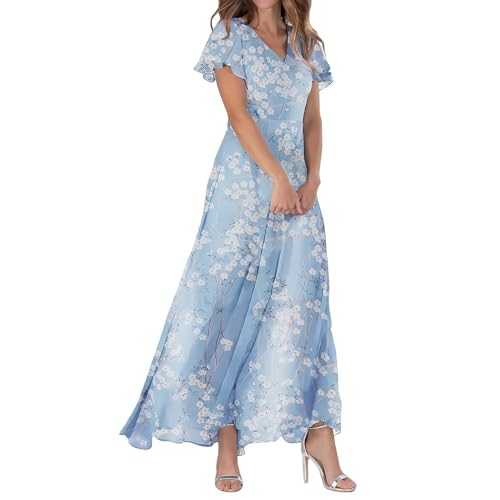 Women's Fashionable Casual Floral V Neck Short Sleeved Long Dress Women Spaghetti Strap Cheesecloth Summer Dresses for UK T Shirt Womens Party Size 16 Petite Polo Golf Goth Plus Maxi 22-24 White