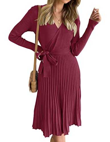 ZESICA Women's 2023 Autumn Long Sleeve Wrap V-Neck Ribbed Knit Pleated A-line Pullover Dress with Belt