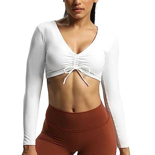 Aoxjox Long Sleeve Crop Tops for Women Betty Ruched V Neck Workout Crop T Shirt Top