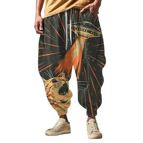 Harem Pants Mens Bohemia 3D Printed Mens Joggers Combat Trousers for Men UK Chef Trousers Loose Tapered Legs Tracksuit Bottoms Men Walking Trousers Sweatpants Breathable & Comfortable & Flex