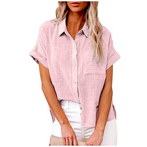 AMhomely Womens Tops Casual Dressy Shirts Ladies Cotton Linen Button Down Shirts Stand Collar Solid Color Blouse Tops Short Sleeve Shirts Vacation Office Work Blouse Tops with Pockets