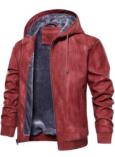 Men’s Faux Leather Jacket Fleece Padded Bomber Motorcycle Jacket with Hood