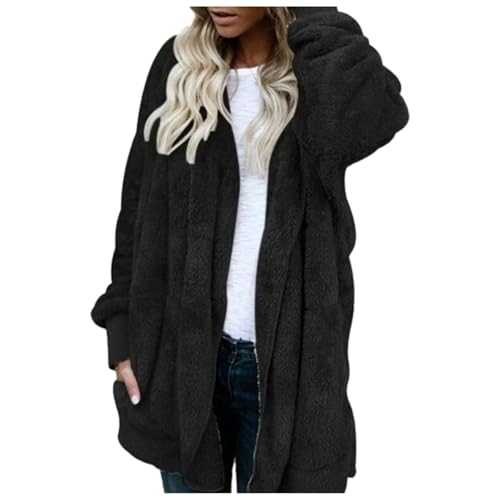 Womens Fuzzy Fleece Warm Long Cardigan Long Sleeve Solid Fuzzy Fleece Open Front Hooded Cardigans Jacket Coats Winter Soft Teddy Plush Warm Oversized Sweater Overcoat with Pockets