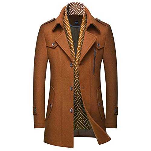 INVACHI Men's Single Breasted Mid-Length Winter Woolen Business Coat with Free Detachable Soft Touch Wool Scarf