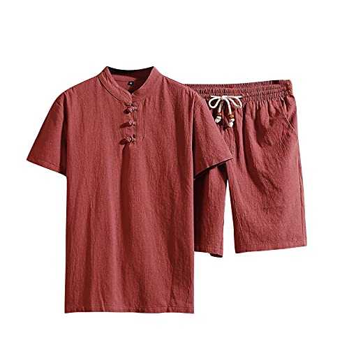 Cotton Short Sleeve T-Shirt Linen Men's Set Colour Large Size Casual Set Solid Men's Suits & Sets Pyjamas Men's Fleece, red, XXXXXL