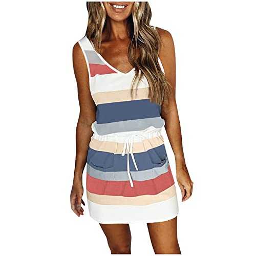 AMhomely Summer Dresses for Women UK Sleeveless Skater Dress with Pockets Casual Tank Dress Ladies V Neck Knee Length Trendy Beach A Line Tunic Dress Loose Clearance