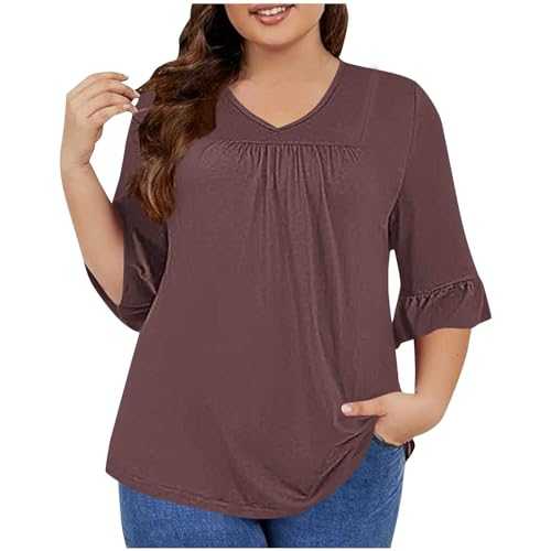 AMhomely Oversized Tops for Women UK Plus Size Flared Sleeve Blouse V Neck Casual Tees Shirts Front Pleated Tunic Tops Loose Basic T Shirts Sportsweat Comfort Elegant Tops Holiday