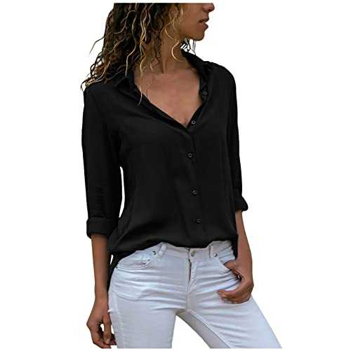 AMhomely Womens Elegant Blouses Shirts Formal Work Business Wear Long Sleeve Button Down Shirts Solid Color Chiffon Shirts Loose Fit Poplin Shirts Evening Cocktail Ladies Tops Size UK
