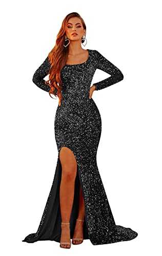 vintys Women's Bodycon Glitter Sequin Prom Dresses Long Sleeve Scoop Neck Mermaid Formal Evening Gown with Slit VT003