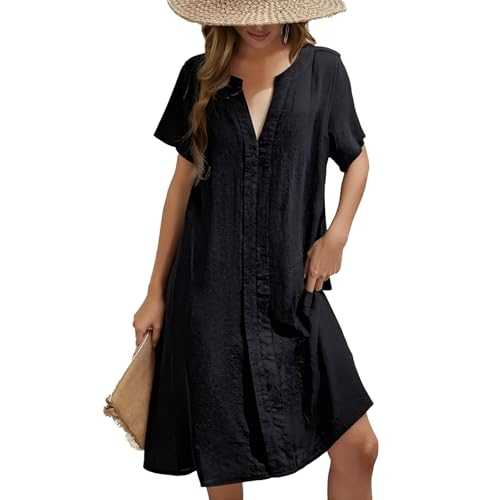 Sahunfri Shirt Dresses for Women UK, V Neck Short Sleeve Casual T Shirt Dress, Elegant Women Dresses Summer Dress for Holiday Beach Daily