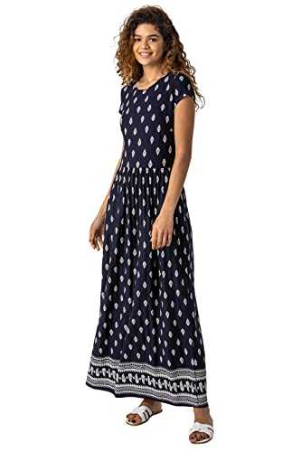 Roman Originals Maxi Dress with Pockets for Women UK Ladies Stretchy Jersey Midi Elasticated Gathered High Waist Skater Swing Fit Flare Office Work Smart Casual Boho