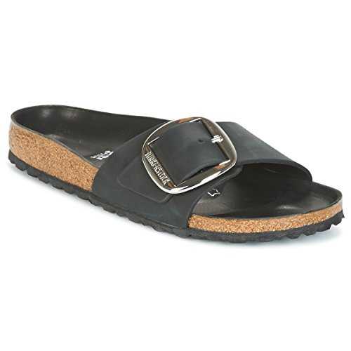 Women's Madrid Big Buckle Black, Oiled Leather Slippers