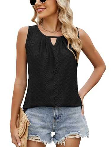 iChunhua Women's Vests Keyhole Neck Eyelet Embroidery Pleated Sleeveless Summer Tops