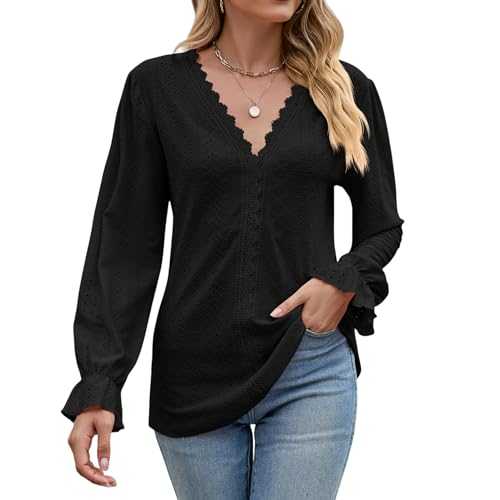 Atxnn Womens Tops Lace V Neck Blouses Elegant Eyelet Shirts Long Sleeve Tunic Top with Ruffled Cuffs for Spring Fall