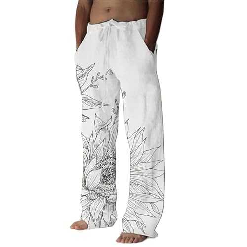 KETAFOUND Mens Yoga Linen Pants - Summer Flower Print Straight Sweatpants Elasticated Drawstring Tracksuit, Fashion Casual Pants Plus Size Trousers