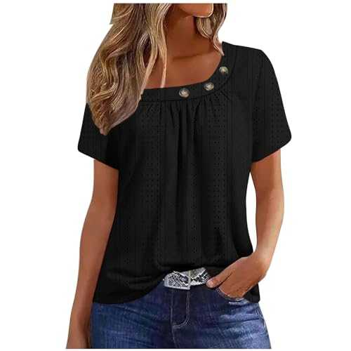 Blouses for Womens UK Sale Clearance Short Sleeve Ladies Eyelet Tunic Tops Round Neck Button Blouses Tops Casual Loose Fit T Shirts Solid Color Pleated Tee Shirt Size 8-16