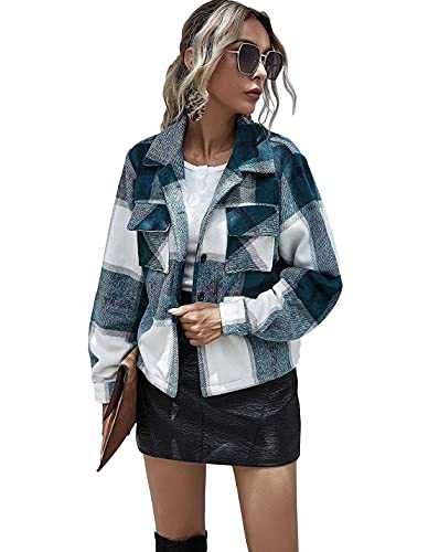 Women's Casual Flannel Wool Blend Plaid Shacket Long Sleeve Single Breasted Button Short Jackets Coat